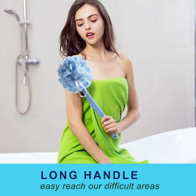 HONOMA [2nd Generation] Shower Body Brush with Bristles and Loofah Back Scrubber Bath Mesh Sponge with Curved 16 "" Long Non-Slip Handle Skin Exfoliating Massage Suitable for Men and Women (Blue) - Image 2